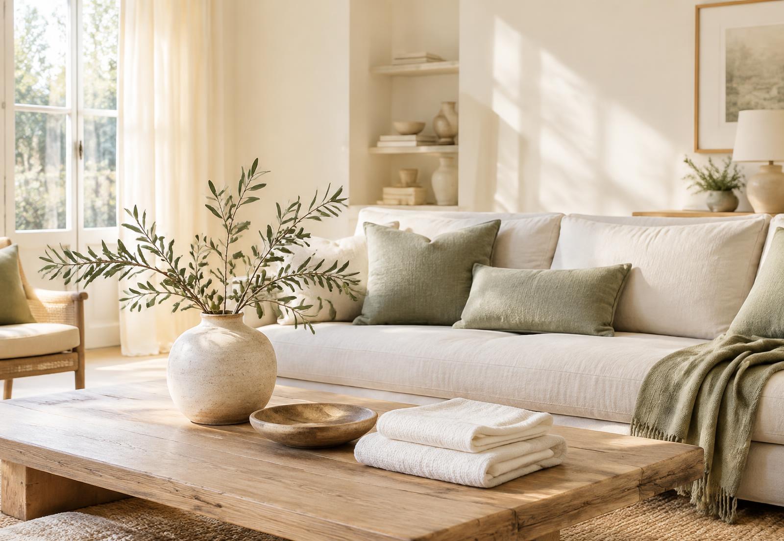 A bright, tidy living room with sage cushions
